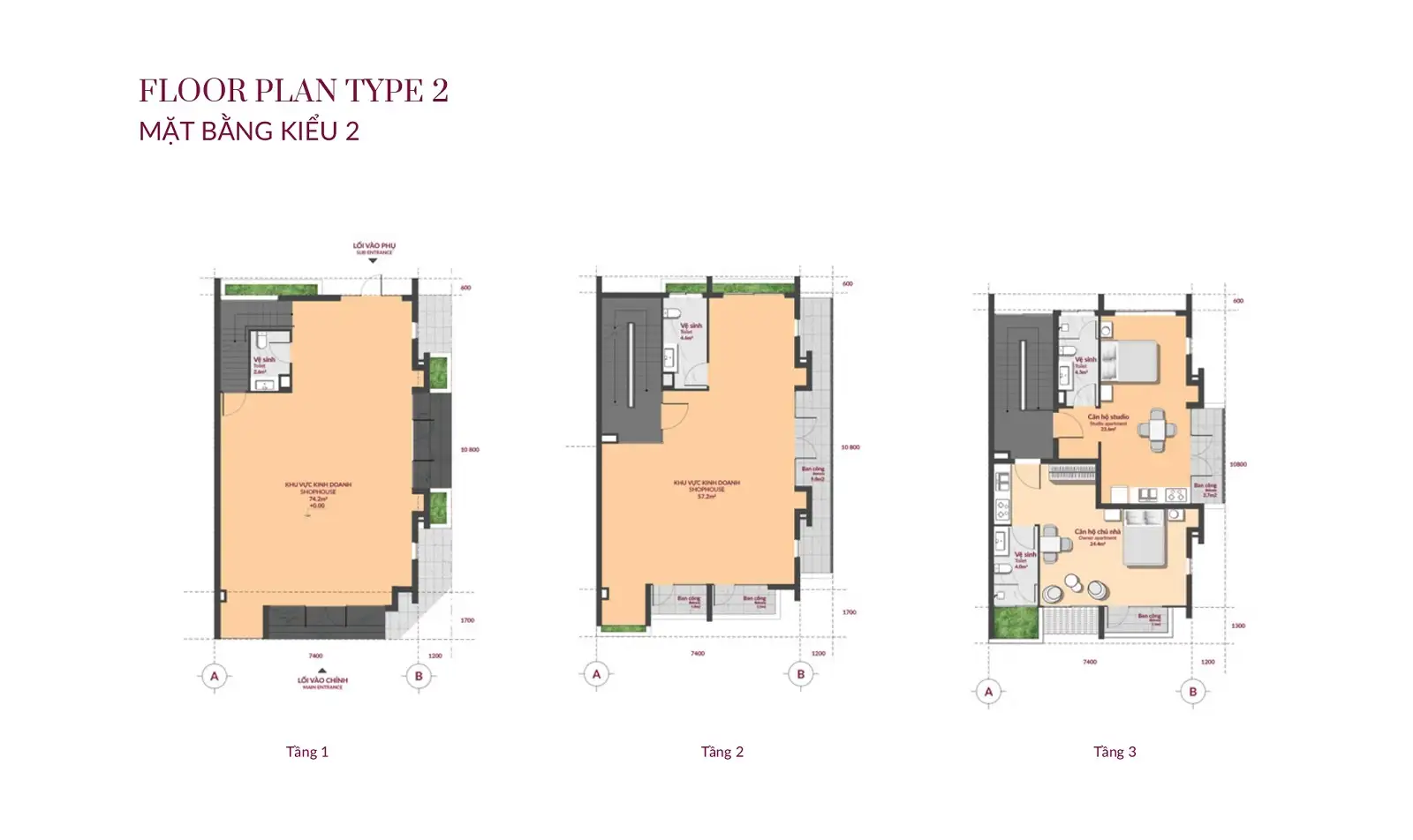 Mặt bằng shophouse 3 (8,6mx14m corner) (Corner kiểu 2 diện tích rộng hơn kiểu 1 của shophouse 2)